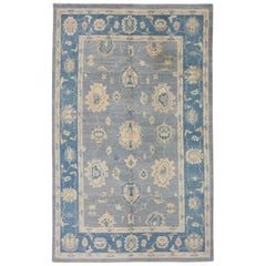 Turkish Oushak Rug Blue, Pink & Ivory Handwoven Wool 6'2" x 9'11"