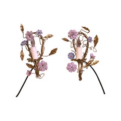 Pair of Mid-Century French Brass and Painted Porcelain Single-Light Wall Sconces