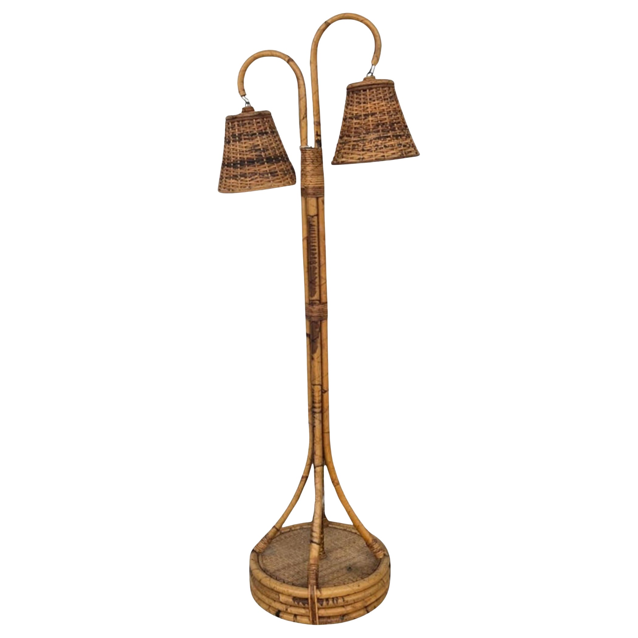 1970s  French Rattan & Bamboo Double Light Floor Lamp