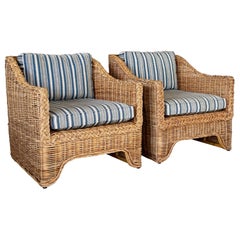 Coastal Ralph Lauren Large Braid Rattan Lounge Chairs With Original Blue and Whi