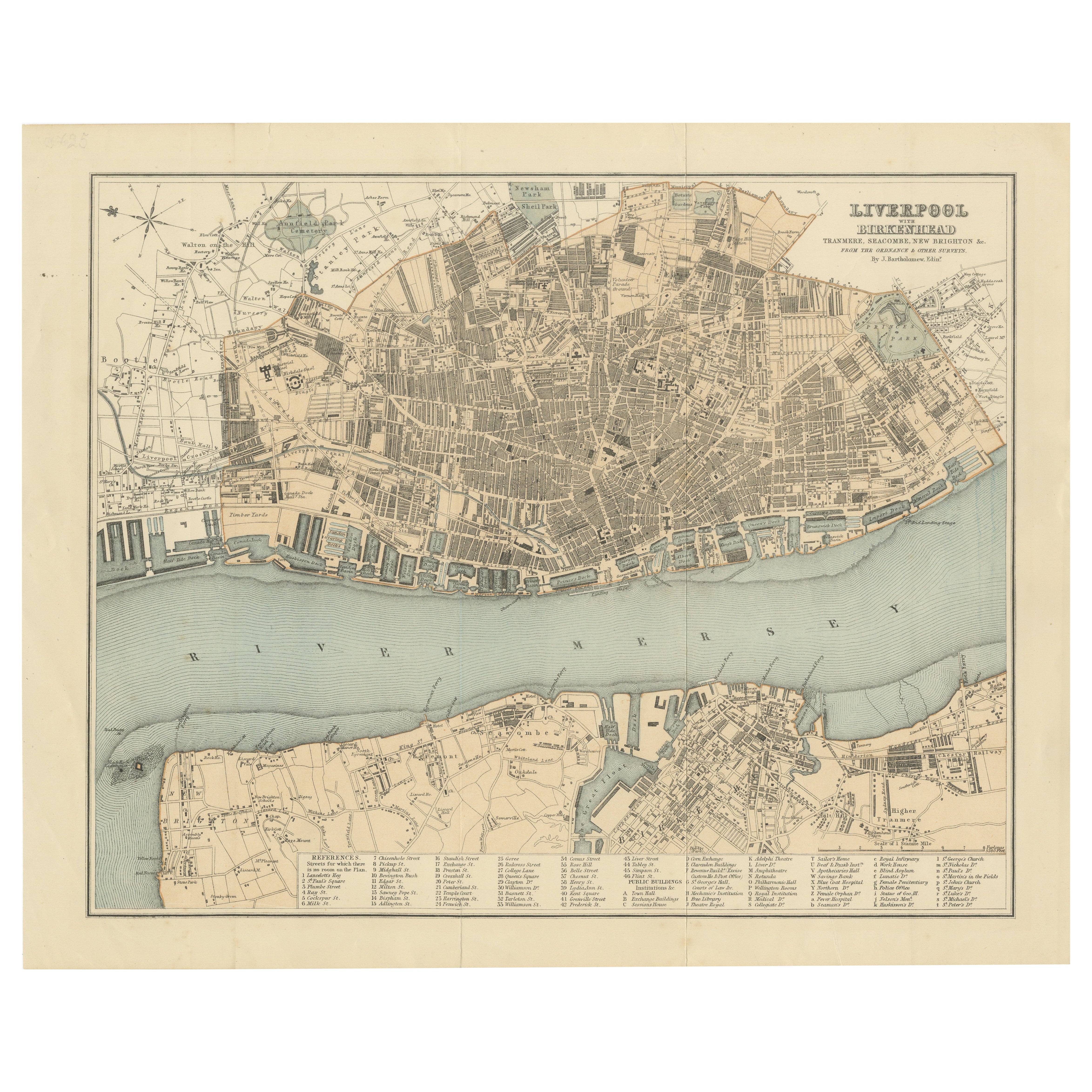Map of Liverpool and Birkenhead by Bartholomew, circa 1880, with Key Buildings