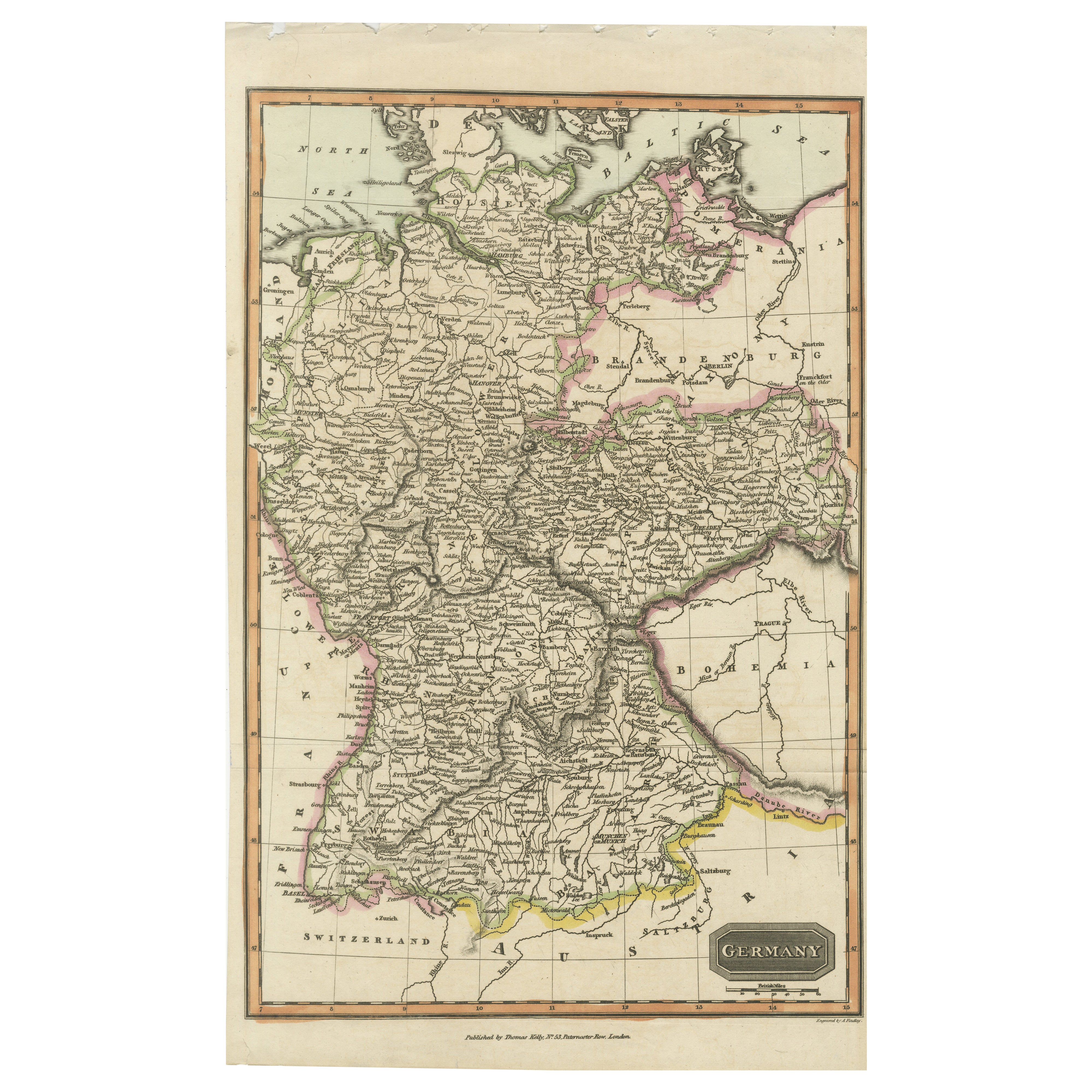 Antique Map of Germany c.1830 by Thomas Kelly – Hand-Coloured Copper Engraving