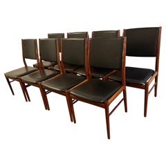 Juego de 8 sillas de comedor danesas modernas de cuero negro y palisandro