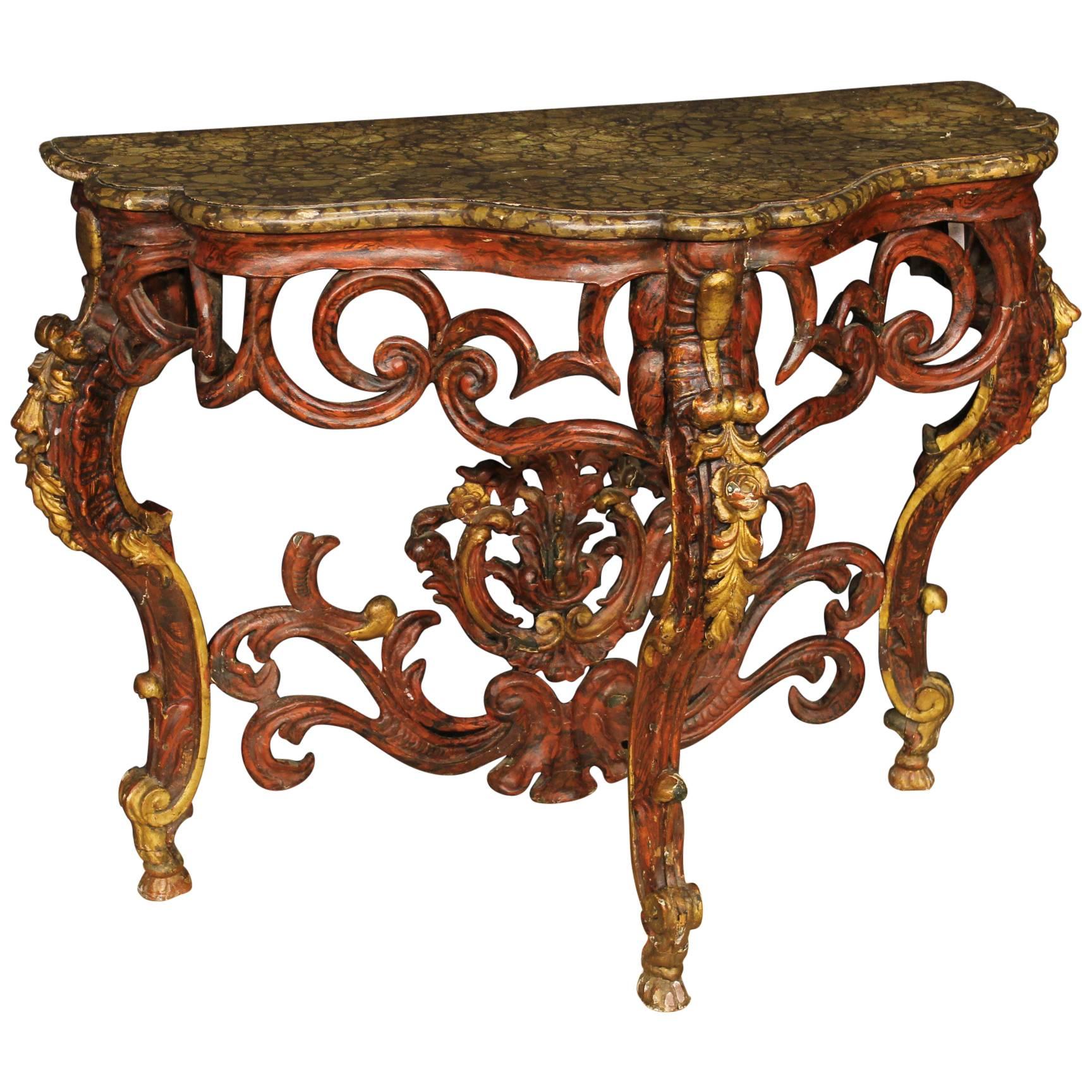 Console Table Made by Carved Lacquered and Golden Wood