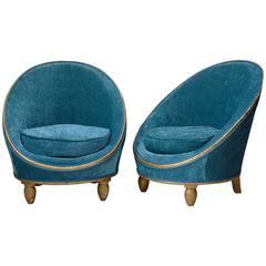 Pair of Velvet Art Deco Slipper Chairs, France, circa 1930s