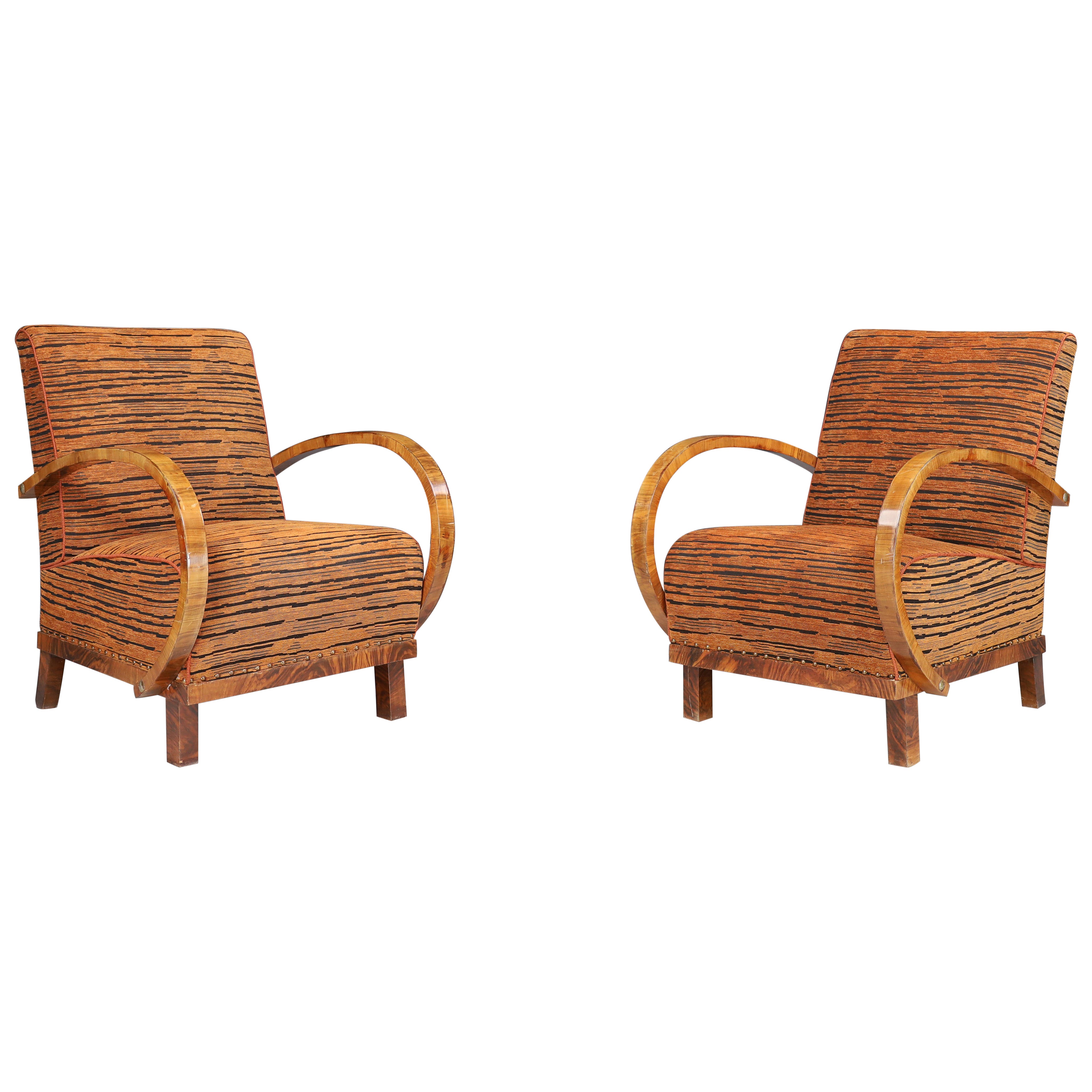 Pair of Art Deco Walnut Armchairs with New Tiger Stripe Upholstery, Prague, 1930