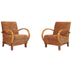 Pair of Art Deco Walnut Armchairs with New Tiger Stripe Upholstery, Prague, 1930