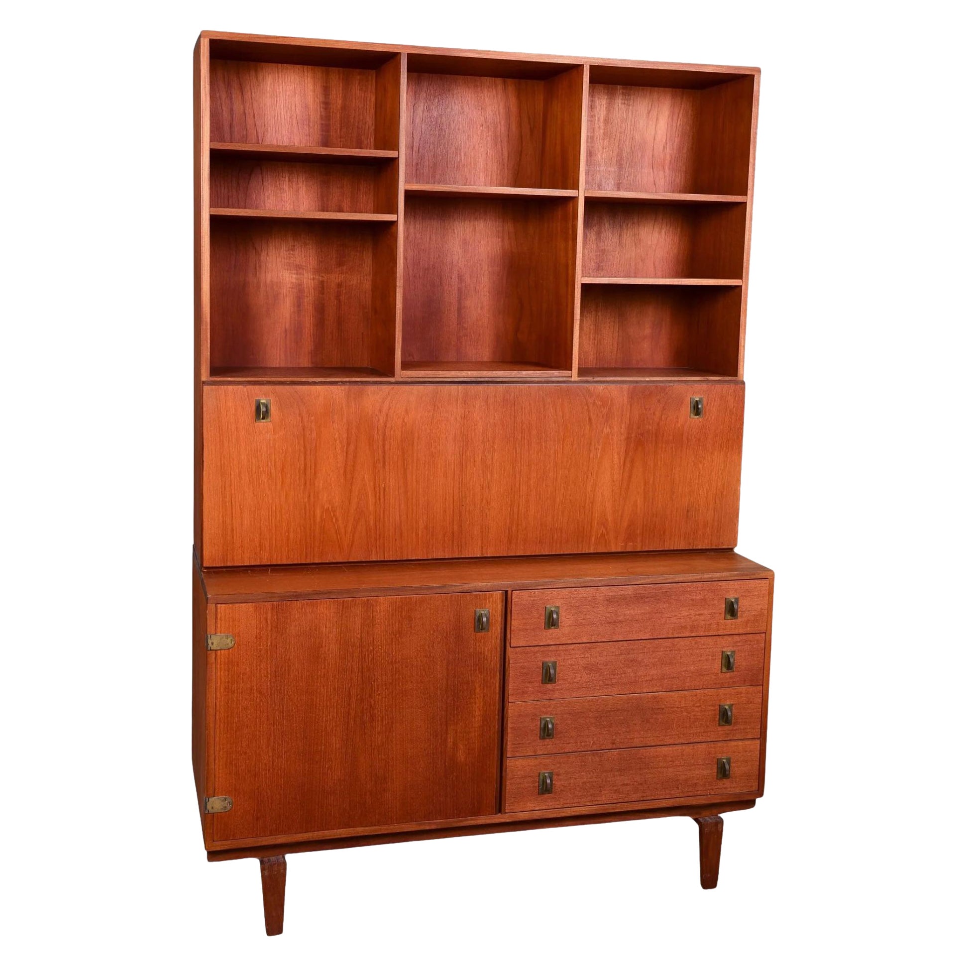 Credenza danese moderna di metà secolo, scrivania ribaltabile, libreria e scaffale di Lovig