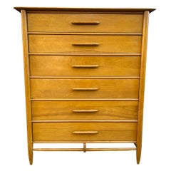 Vintage Mid century American modern tall blonde Solid maple dresser 6 drawer