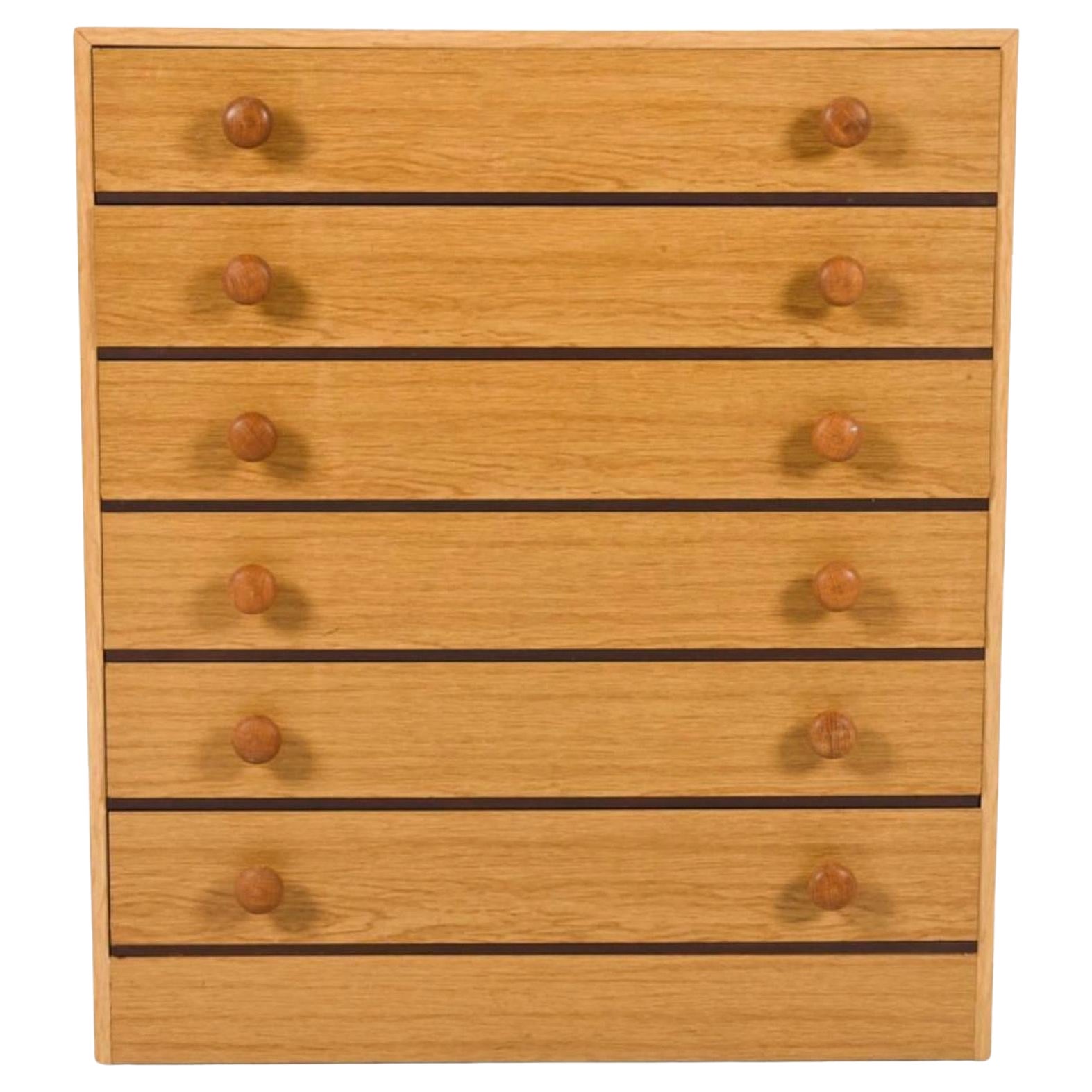 Mid century Danish Modern Eiche Furnier 6 Schubladen Kommode mit gedrehten Knöpfen