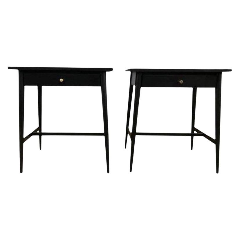 Midcentury Paul McCobb #1586 Nightstands Black Lacquer Finish Brass Knobs