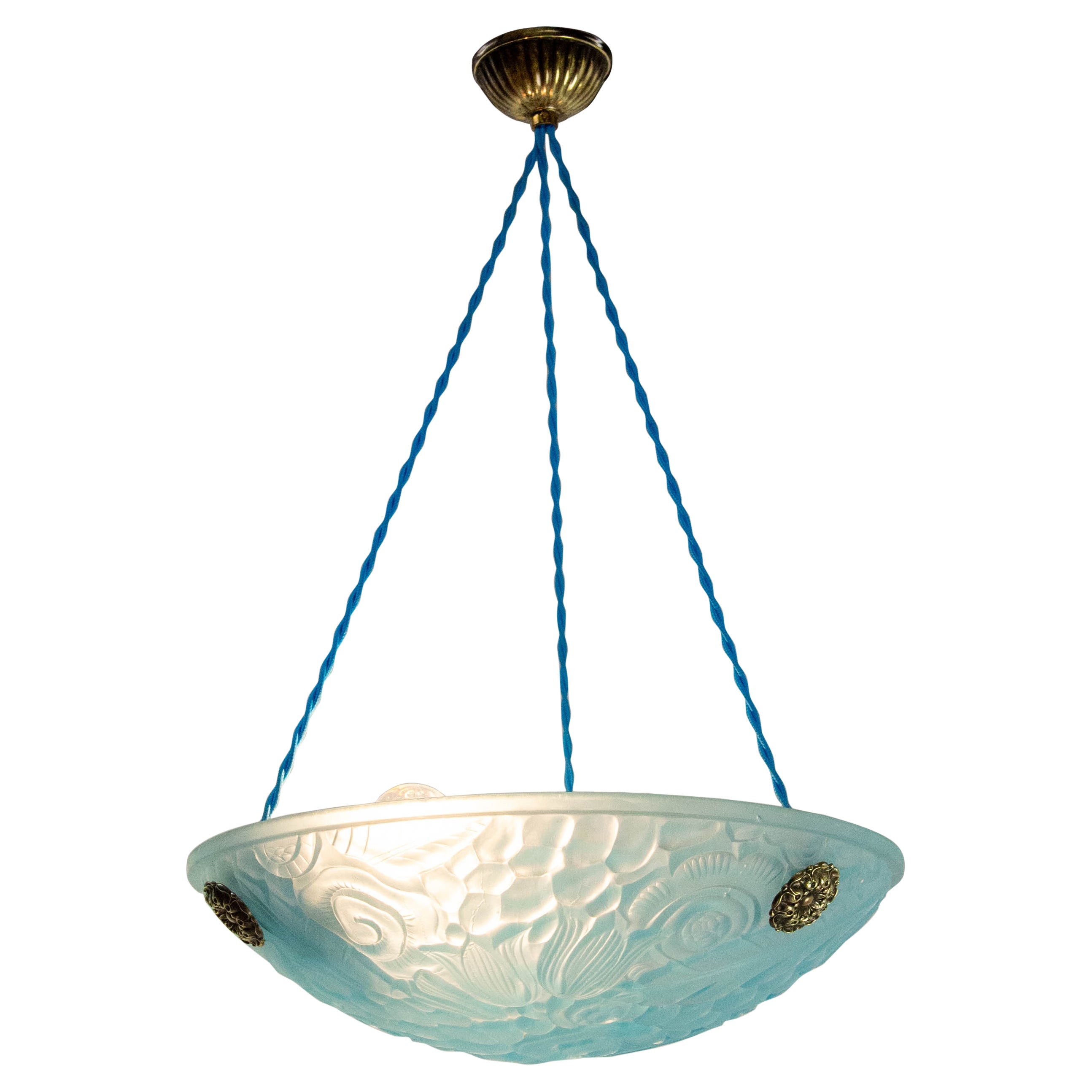 French Art Deco Lustre Blue Glass Ceiling Pendant Chandelier, circa 1930