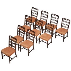 Italian Art Deco Set of Ten Dining Chairs in Mahogany and Peach Velour