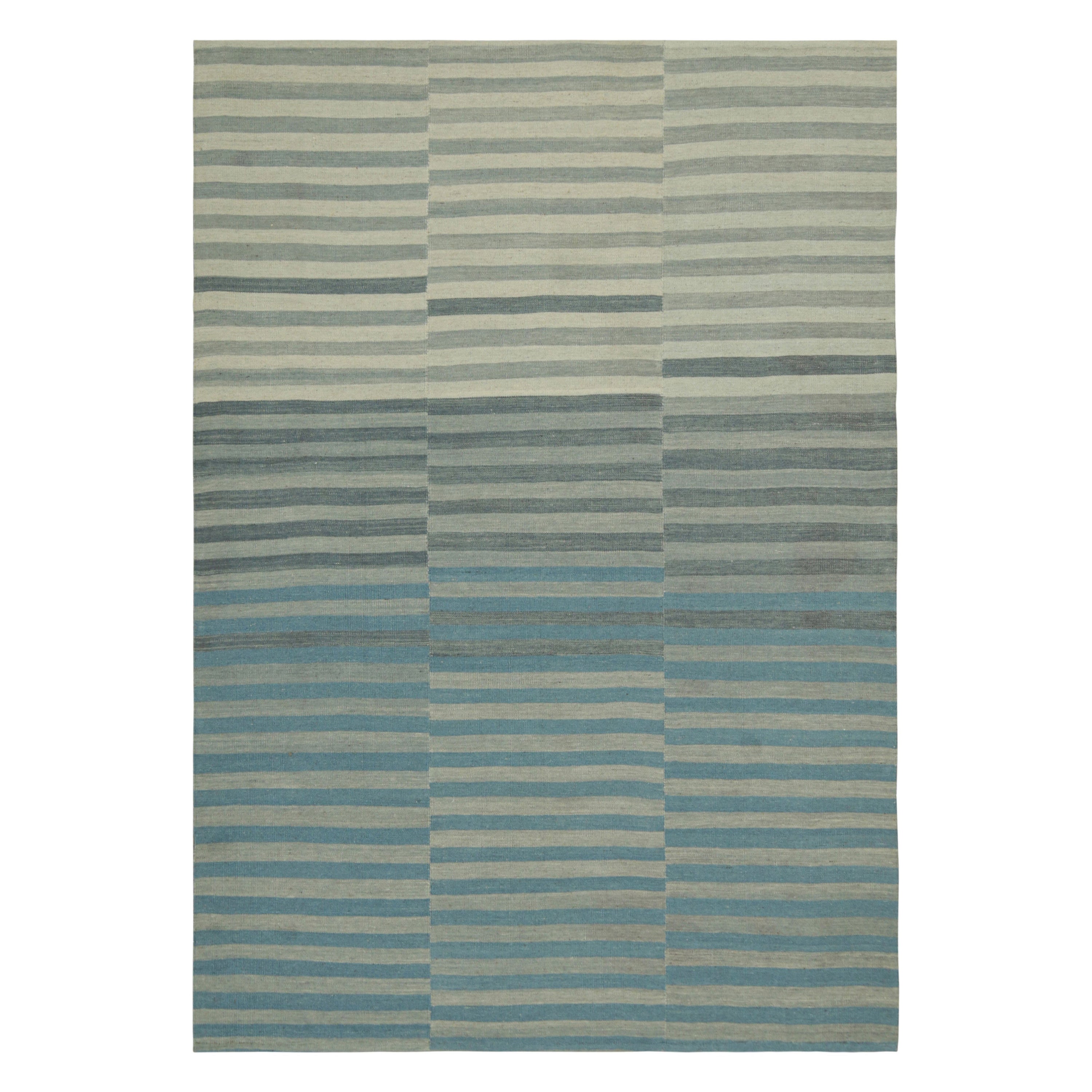 Rug & Kilim’s Contemporary Kilim with Blue and Gray Textural Stripes