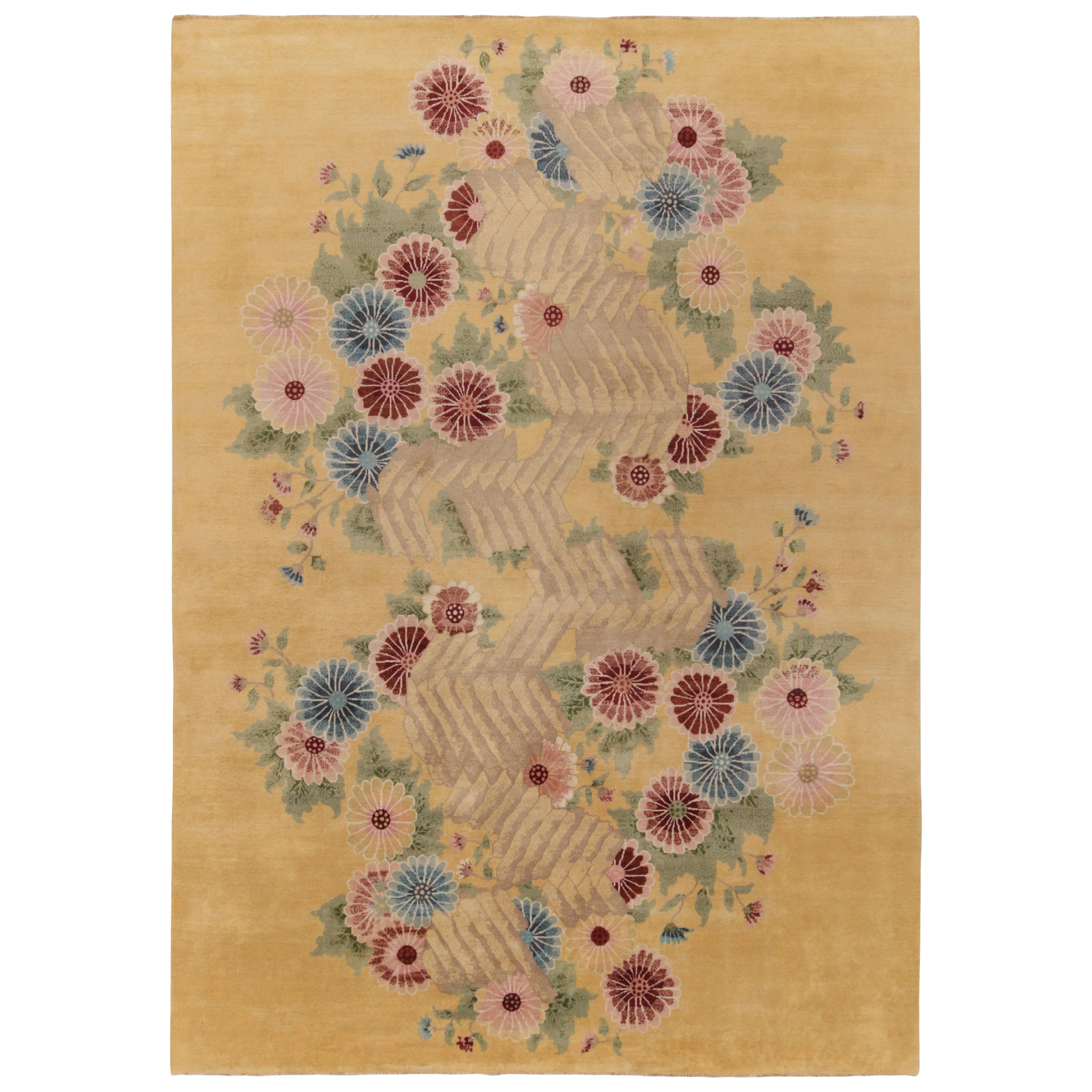 Rug & Kilim’s French Deco Style Rug in Gold with Red and Blue Floral Patterns For Sale