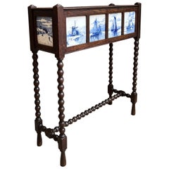 Antique English Planter Blue White DELFT Tile Floral Box Oak Bobbin Legs c1910