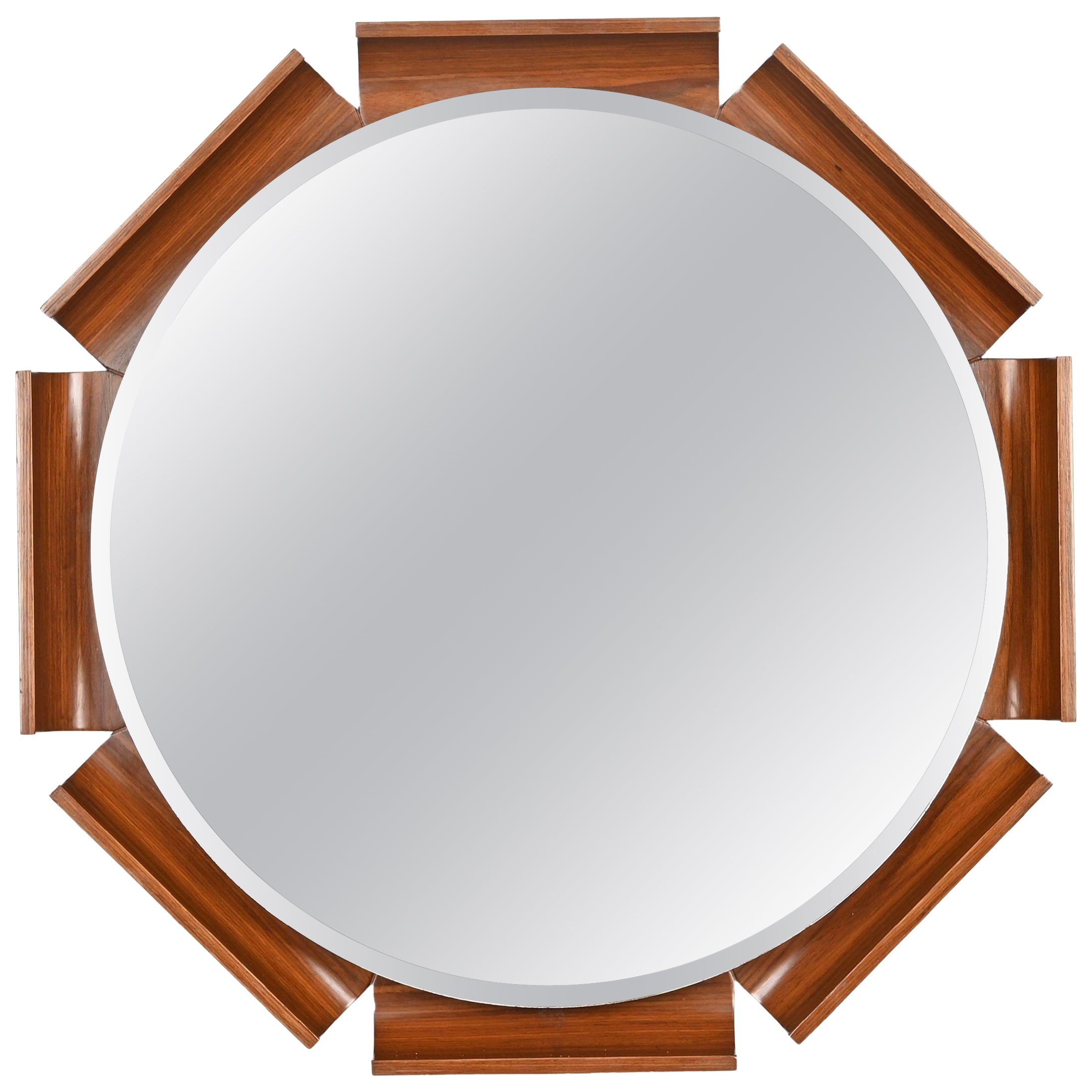 Italian Curved Teak Backlit Bevel Mirror by Ico Parisi for ISA, 1968 For Sale