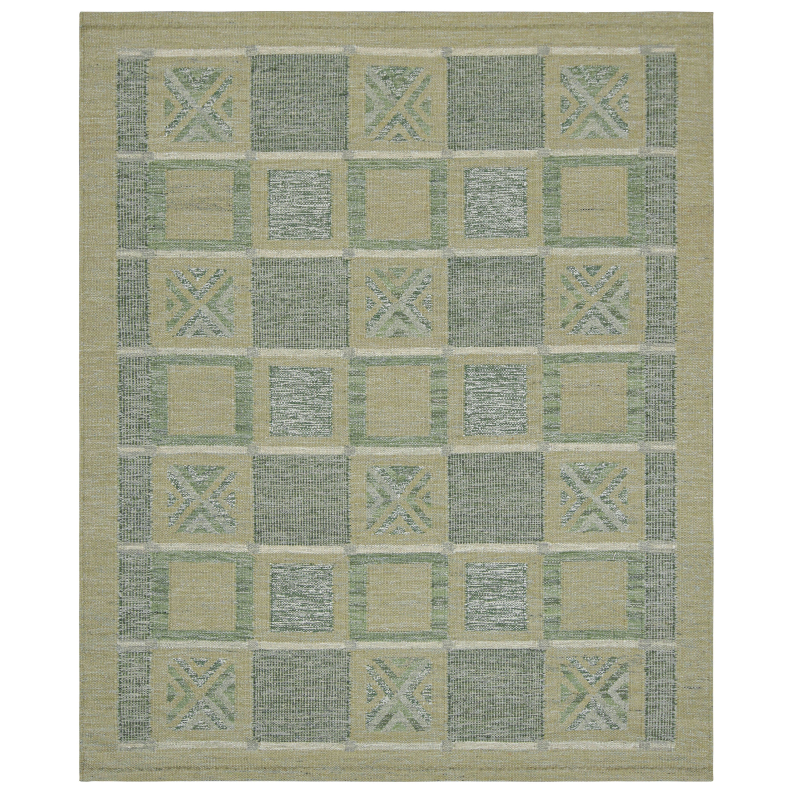 Rug & Kilim’s Scandinavian Rug with Green and Ice Blue Geometric Patterns
