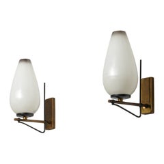 Pair of Italian Wall Sconces in Brass, Black Enamel and Opaline Glass, 1950s