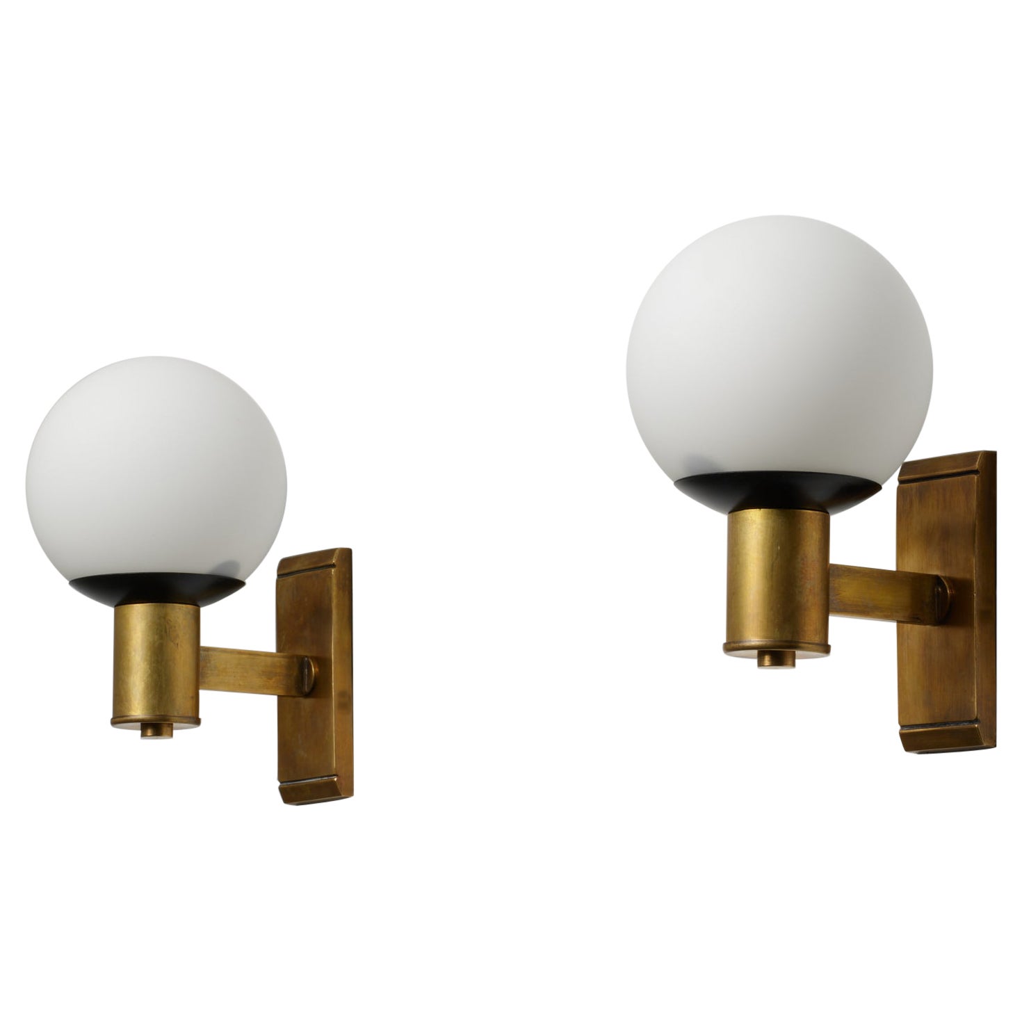 Pair of Italian Wall Lamps in Brass and Opaline Glass, 1950s