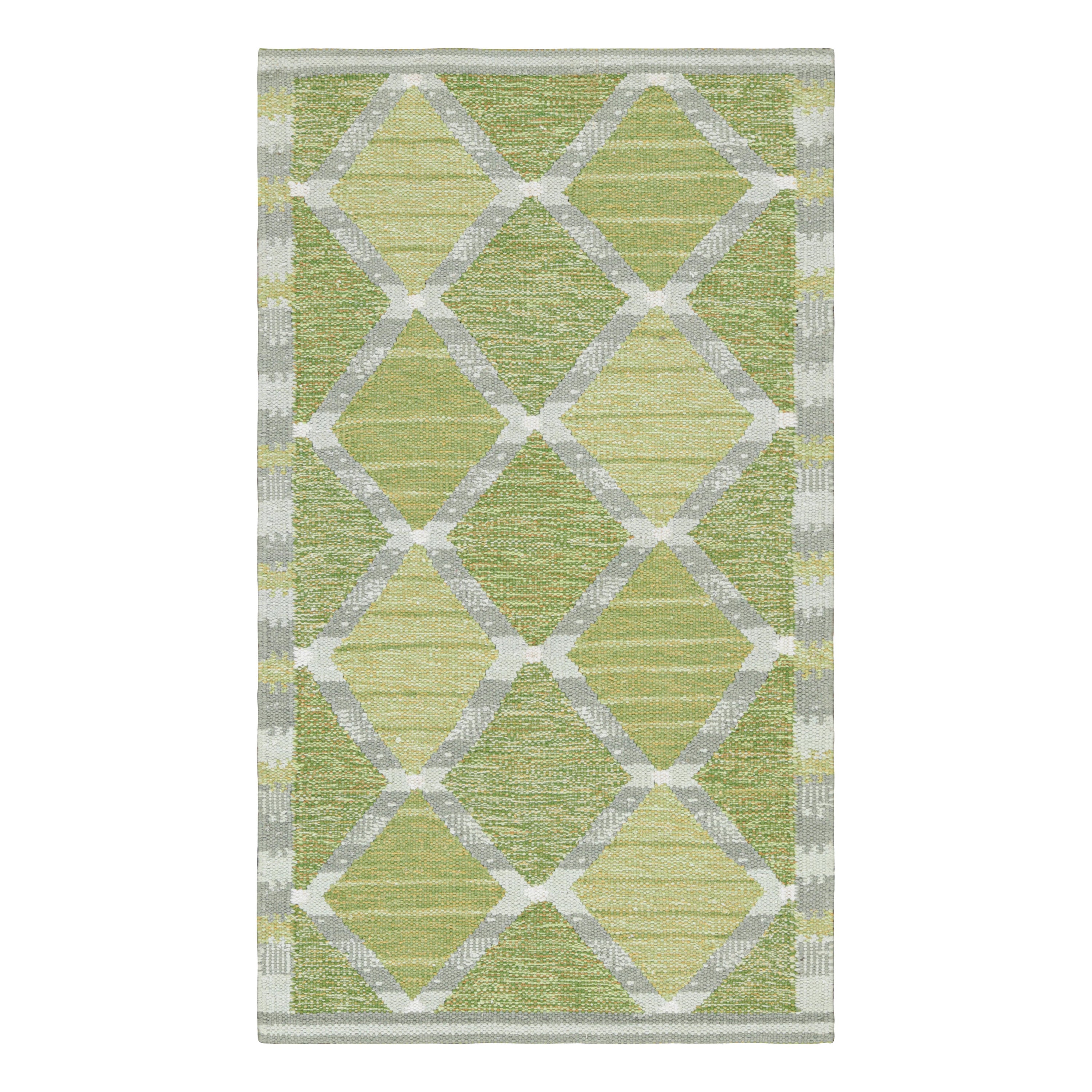 Rug & Kilim’s Scandinavian Style Runner Rug Green with Gray Geometric Patterns For Sale