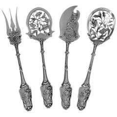 Lapeyre French All Sterling Silver Dessert Hors D'oeuvre Set Four Pc Poppies
