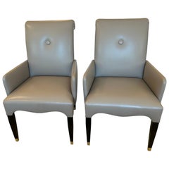 Sophisticated Pair of Tailored Custom Taupe Leather Club Chairs