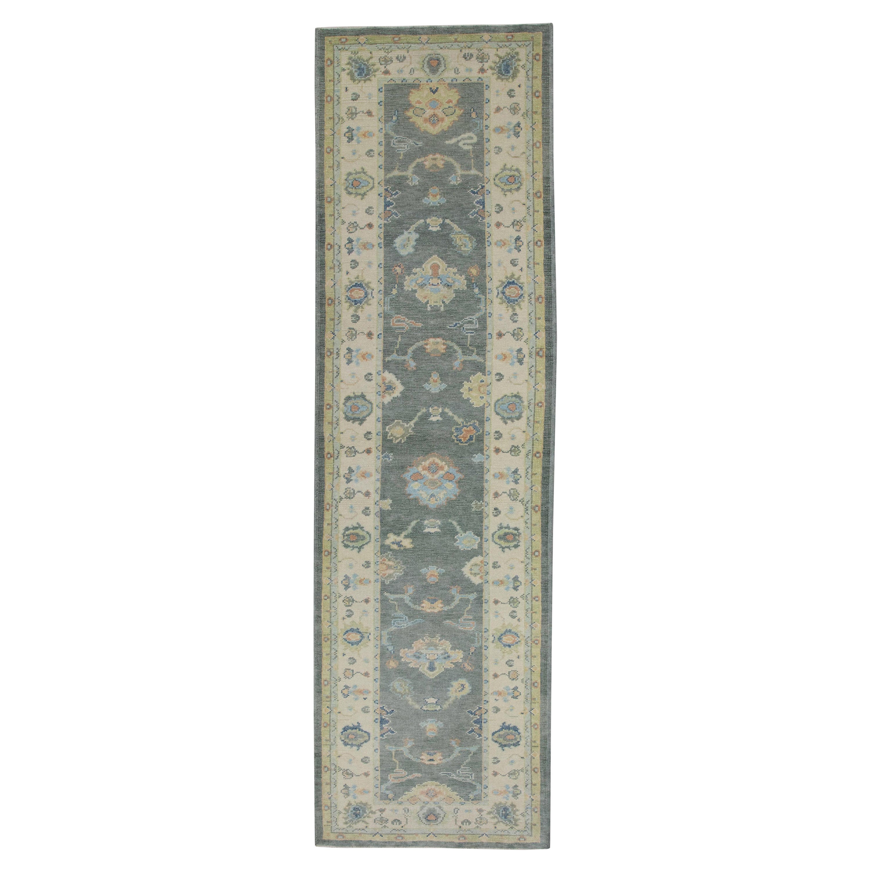 Tapis de course turc Oushak Tapis de laine gris tissé à la main 3'1" x 10'7"