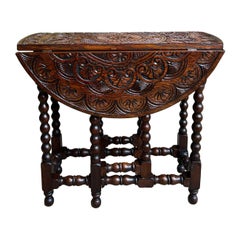 Petite Antique English Drop Leaf Side Sofa Table Carved Oak Round top c1920