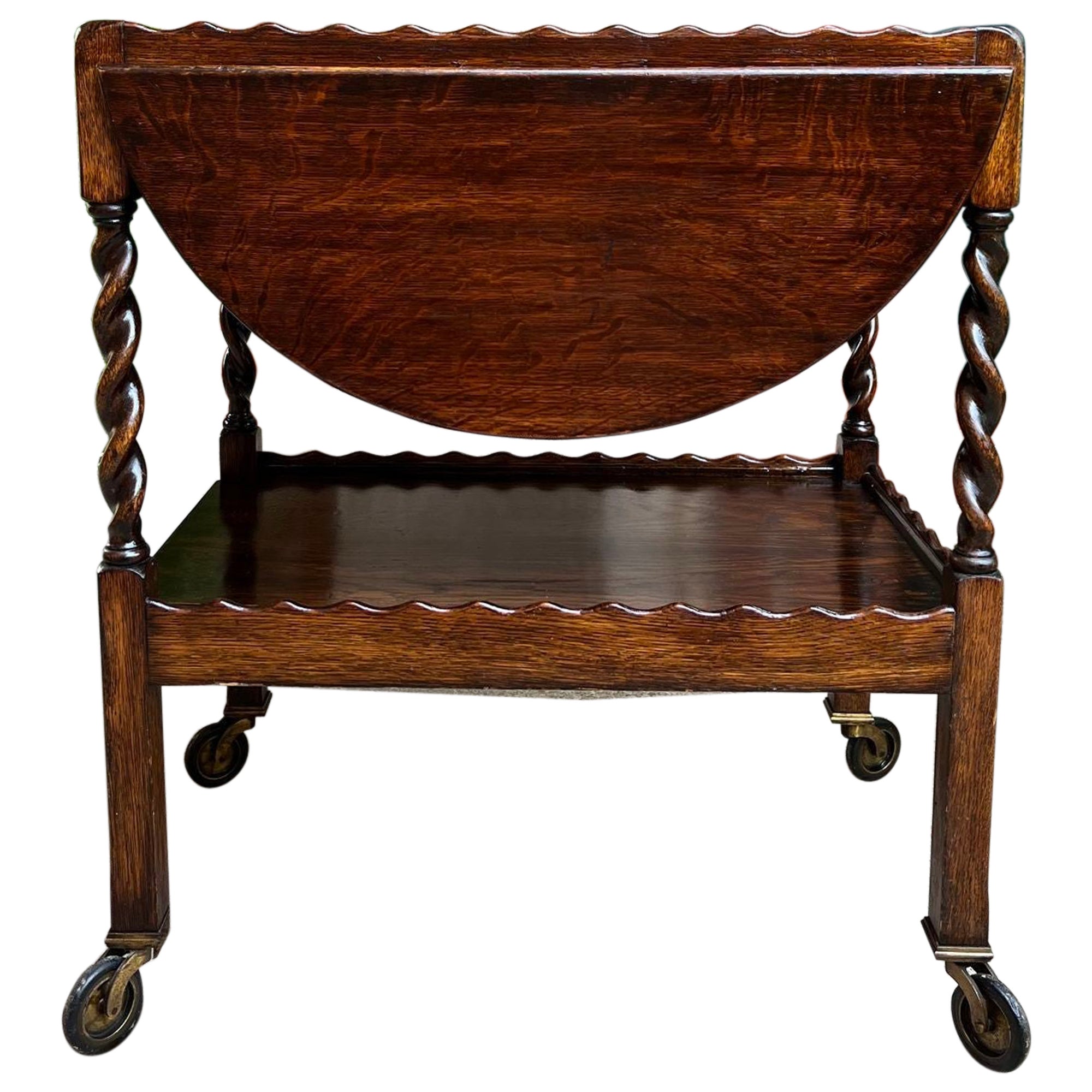 Antique English Tea Trolley Drinks Cart Barley Twist Dumbwaiter Drop Leaf Table