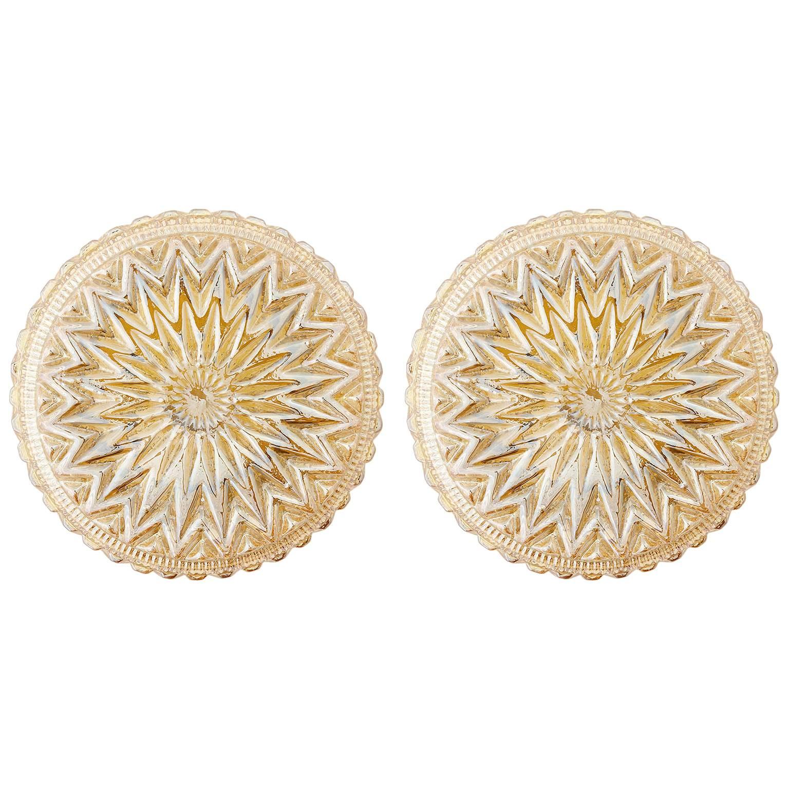 Pair of Amber Tone Glass Sconces or Flush Mount Light Fixtures, 1960s