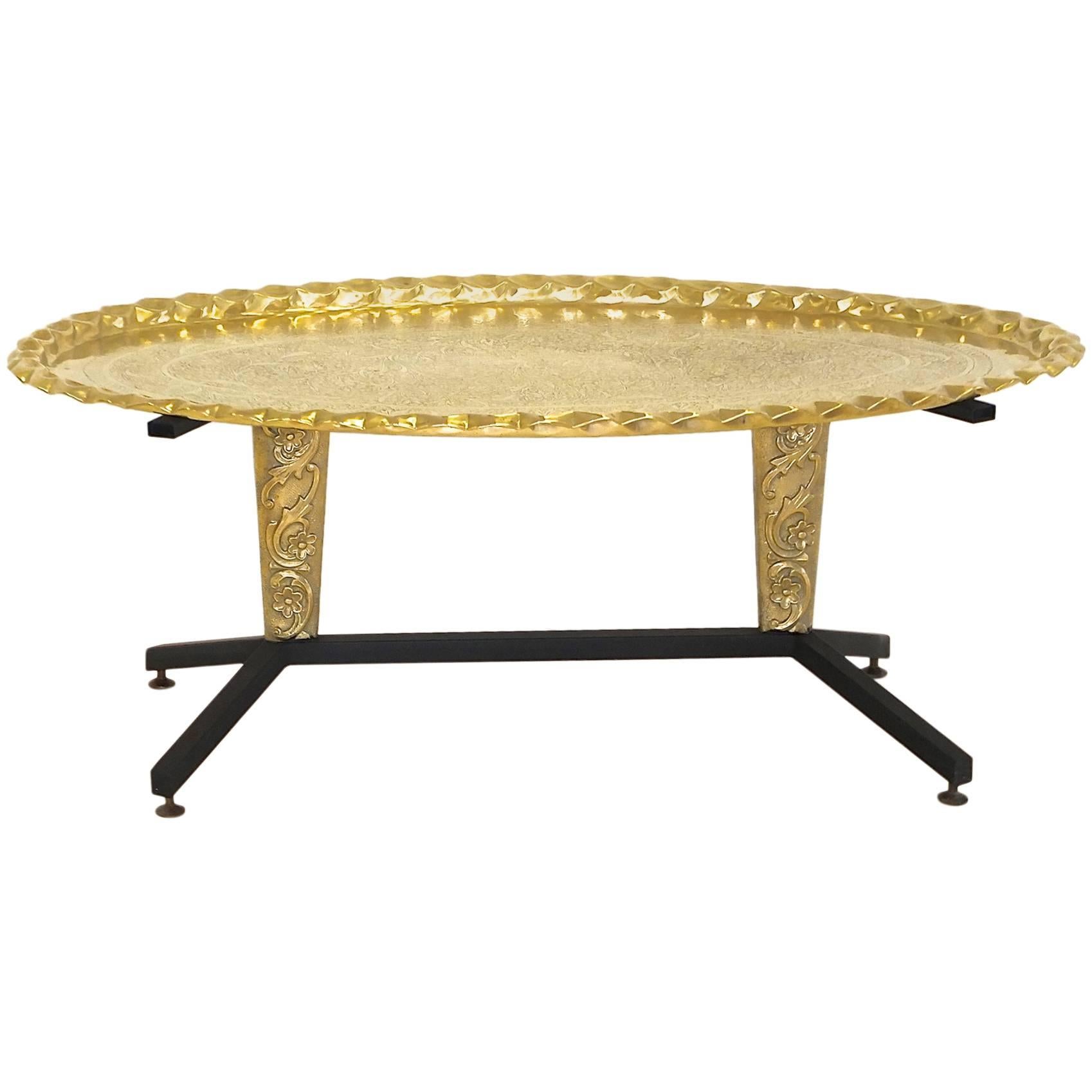 1960s Italian Coffee Table with Elliptical Brass Tray Top For Sale