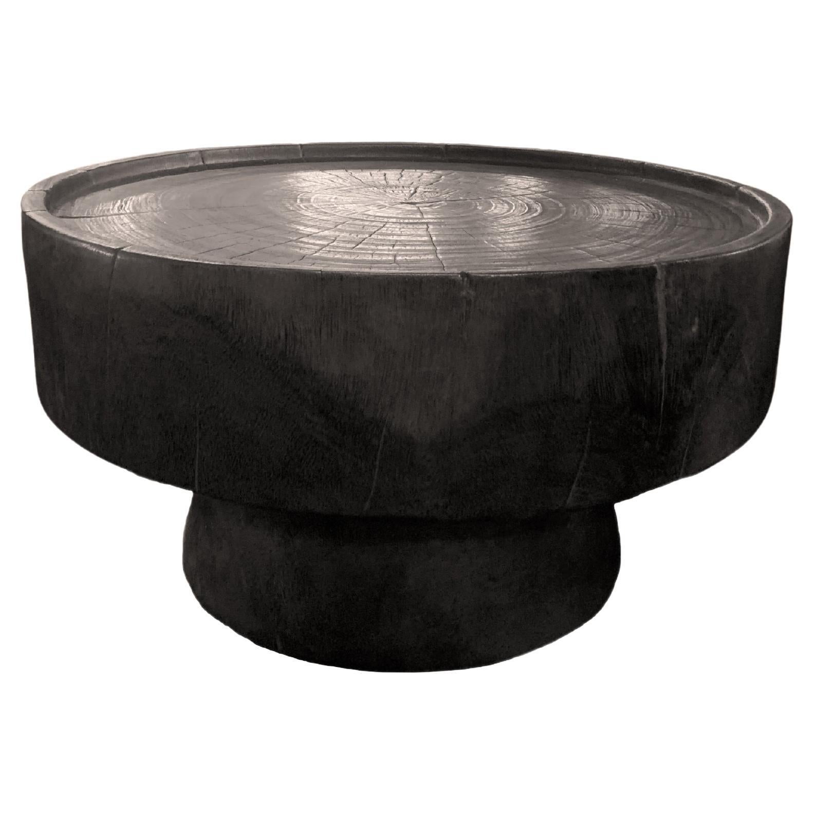 Sculptural Round Table: Solid Mango Wood, Burnt Finish, Modern Organic For Sale