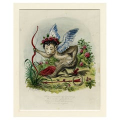 Antiker handkolorierter satirischer Druck mit dem Titel „Der Affen Amor“ aus dem Jahr 1828