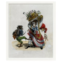 Ancienne estampe satirique de 1828 Un tabouret pour plaire Pourtant esclave pour la célébrité colorée à la main