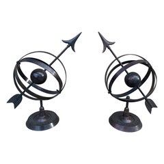 Vintage English Country Iron Bronze Garden Armillary Sundials, Pair