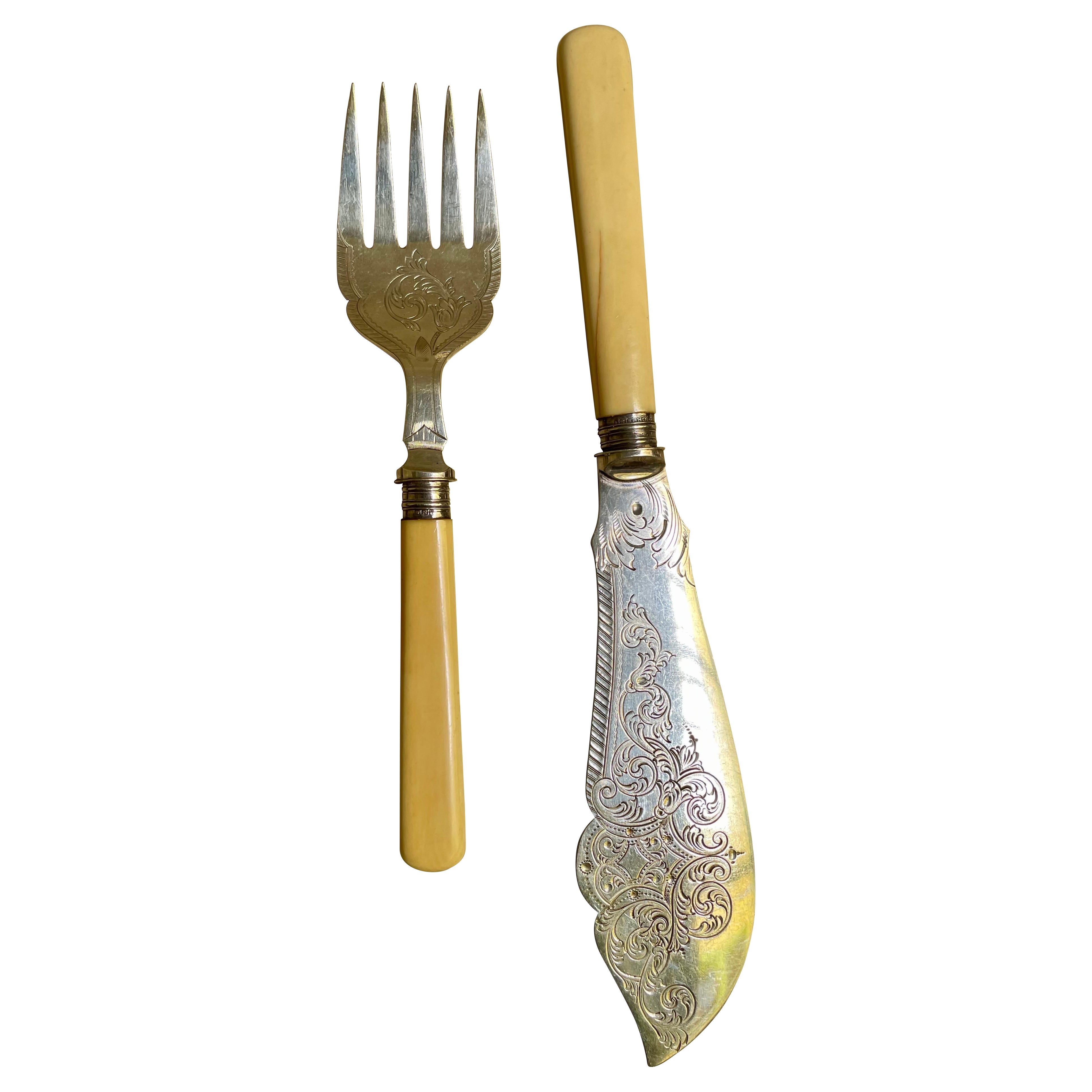 1900 Sheffield Geätztes Silberblech William Beatson & Sons Fisch Servierbesteck Messer