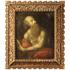 Antique 18th Century Painting Oil on Canvas Sacred Art "Saint Jerome"