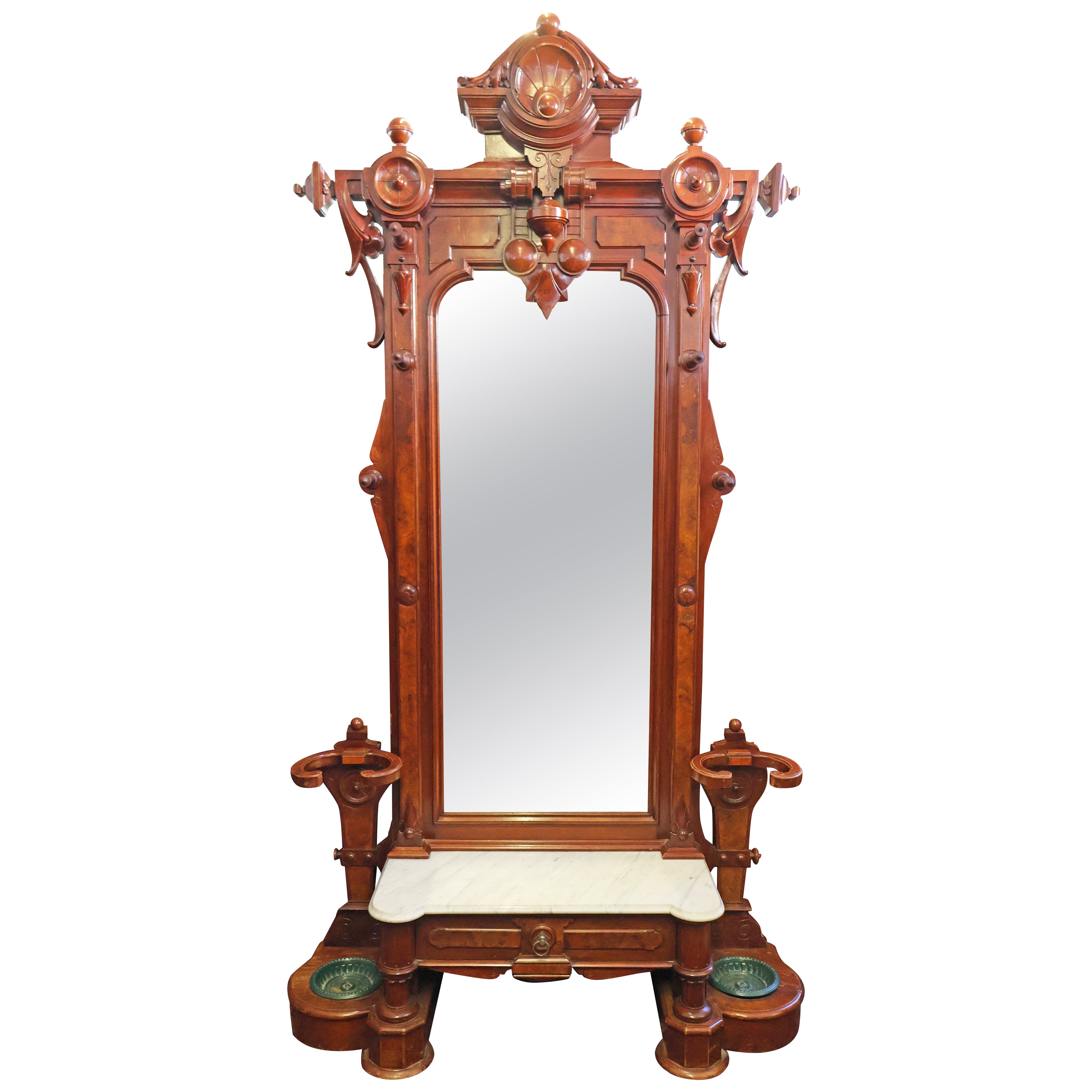 19th Century Victorian Walnut Pier Mirror Hall Tree Attributed To Thomas Brooks