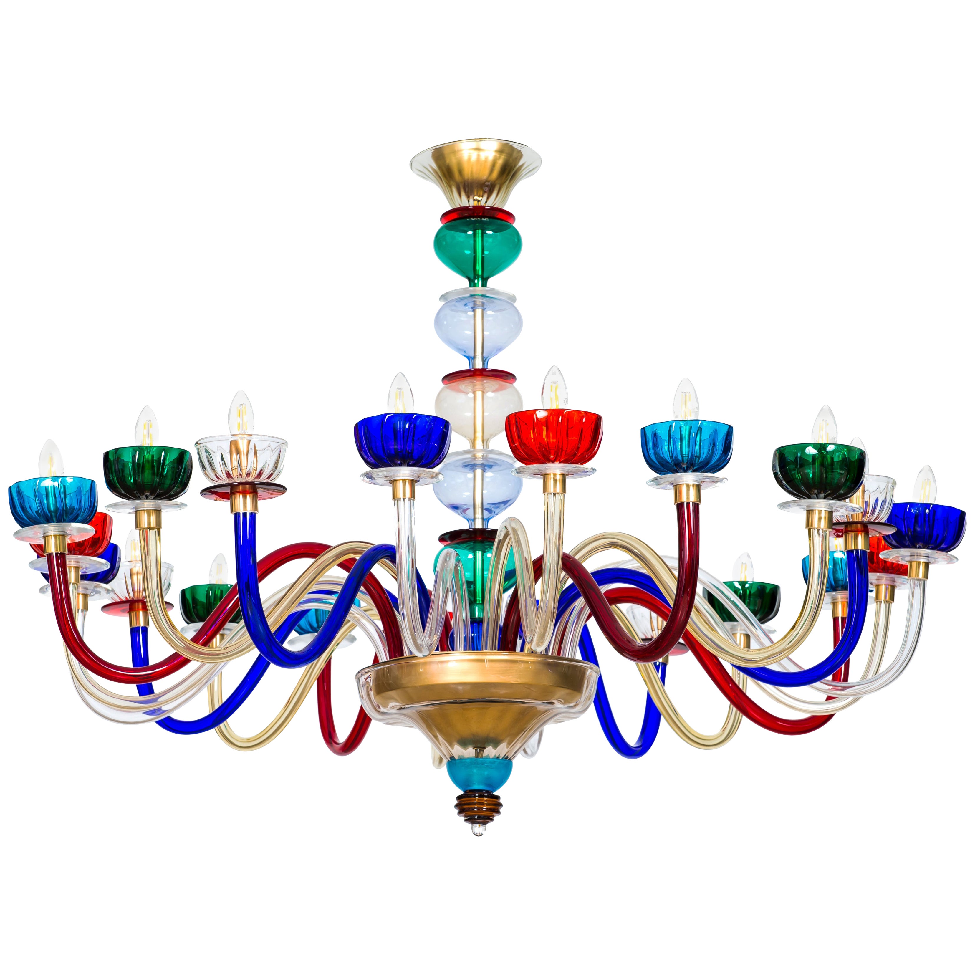 Lustre éblouissant en verre de Murano aux accents vibrants colorés de bijoux, Italie, années 1970