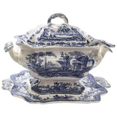 Antique Masons Ironstone China Blue Canton Style Covered Tureen, Ladle and Underplate 