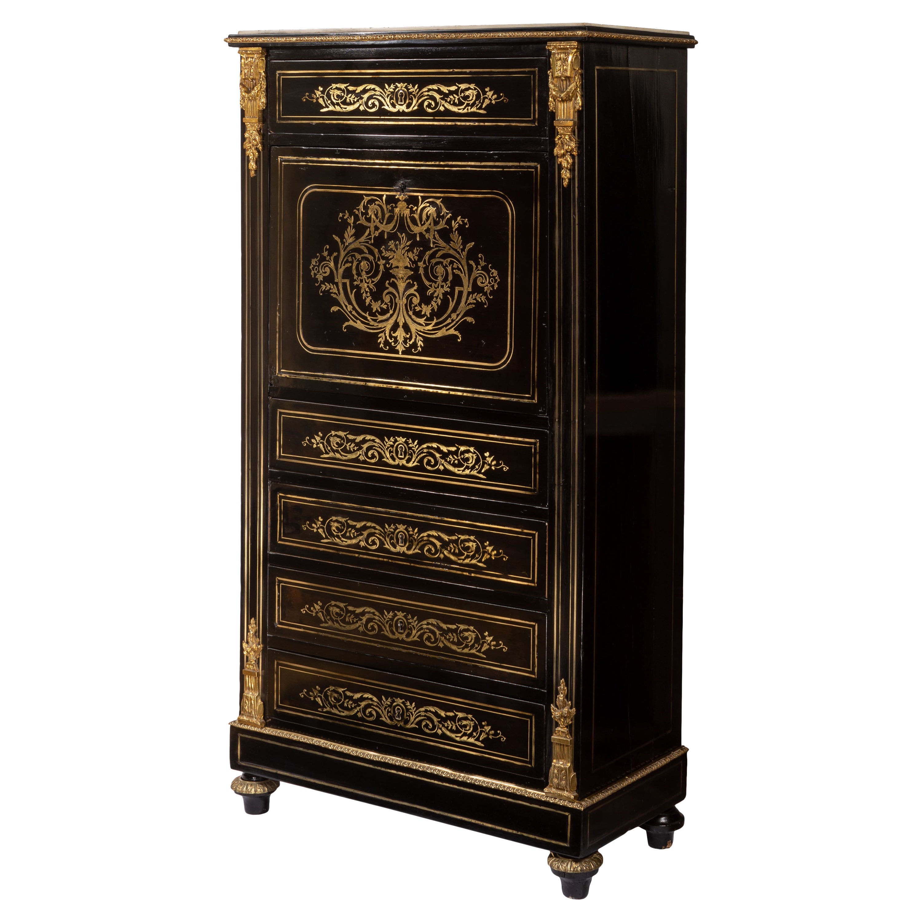 Napoleon III Ebony Chiffonier with Secretary Desk, Brass Inlay Detailing
