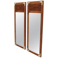 Pair Large of Brass and Burl Walnut Modern Rectangle Mirrors