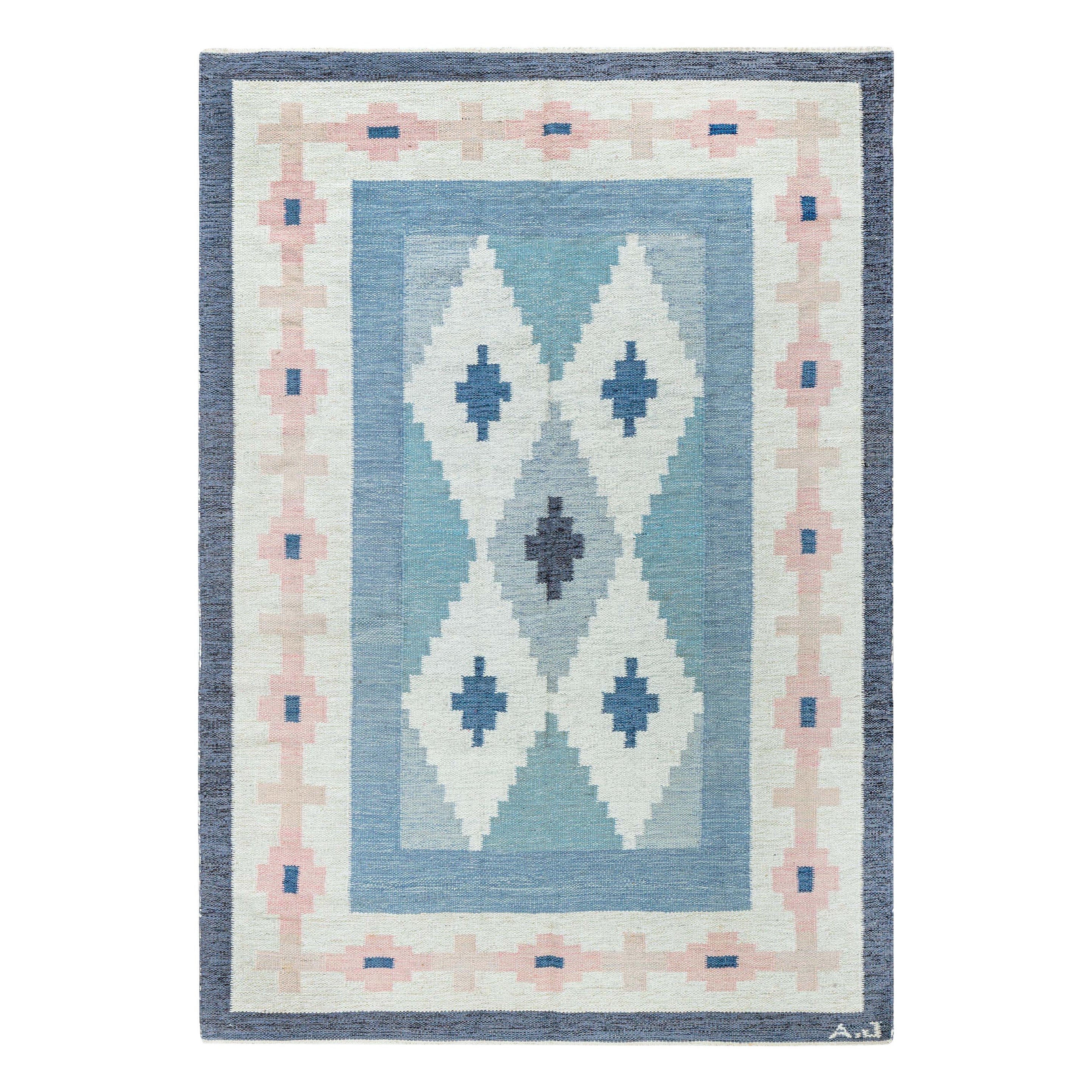Doris Leslie Blau Tappeto in lana svedese blu fatto a mano di A.J.
