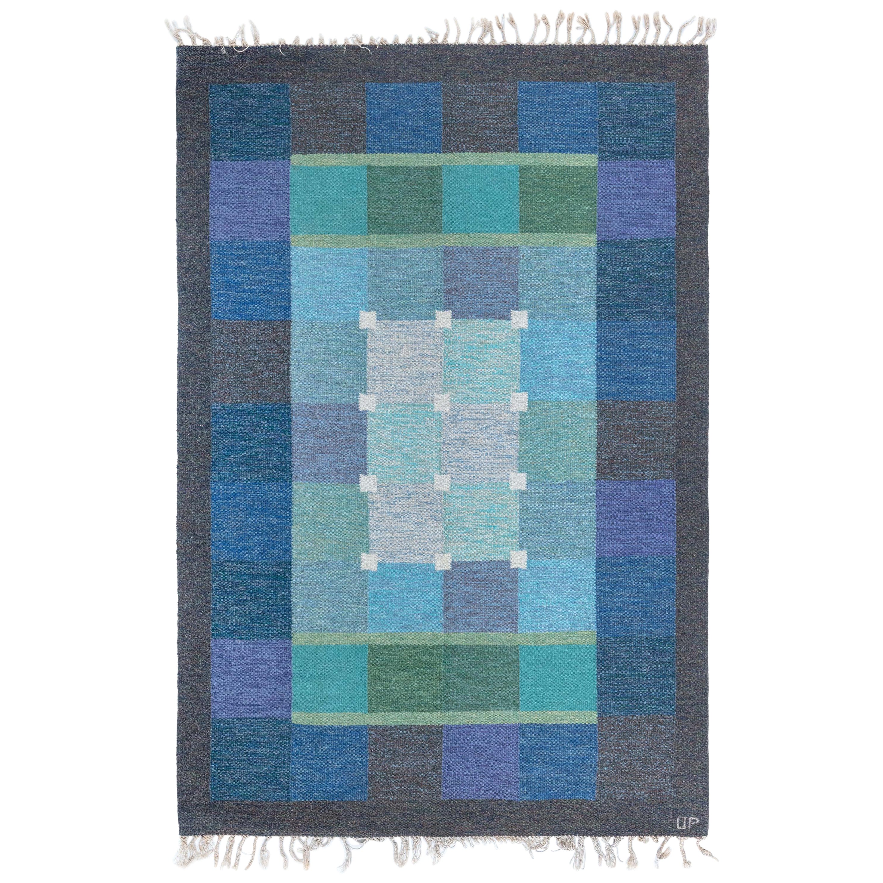 Doris Leslie Blau Alfombra sueca de tejido plano de mediados del siglo XX, por Ulla Pakdal