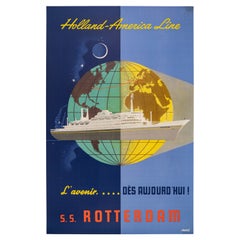 Doeve, Poster originale d'epoca, SS Rotterdam Holland America Line, nave di linea, 1959