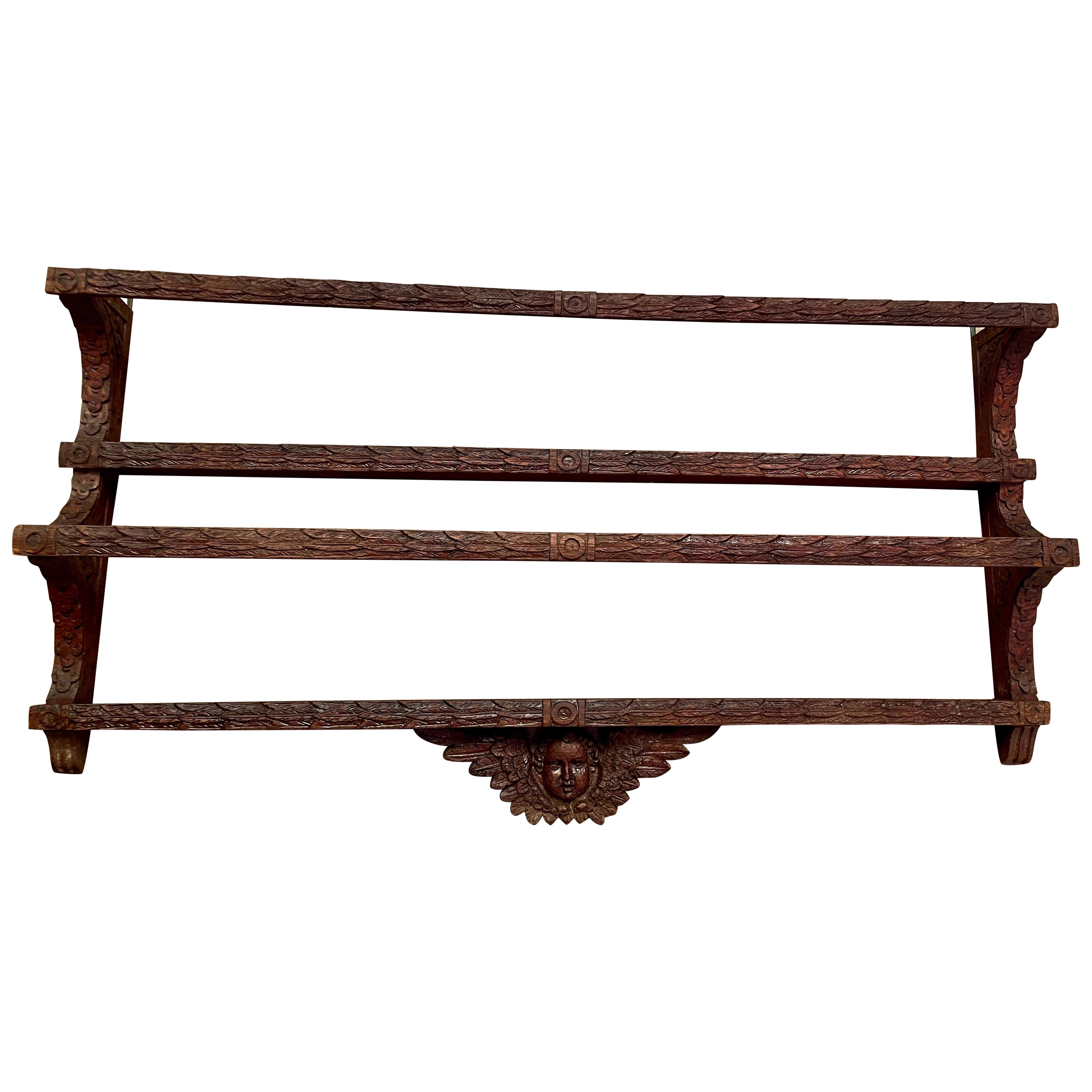 Dutch Carved Oak Angel Cherub Head Wall Mounted Plate Display Rack Shelf