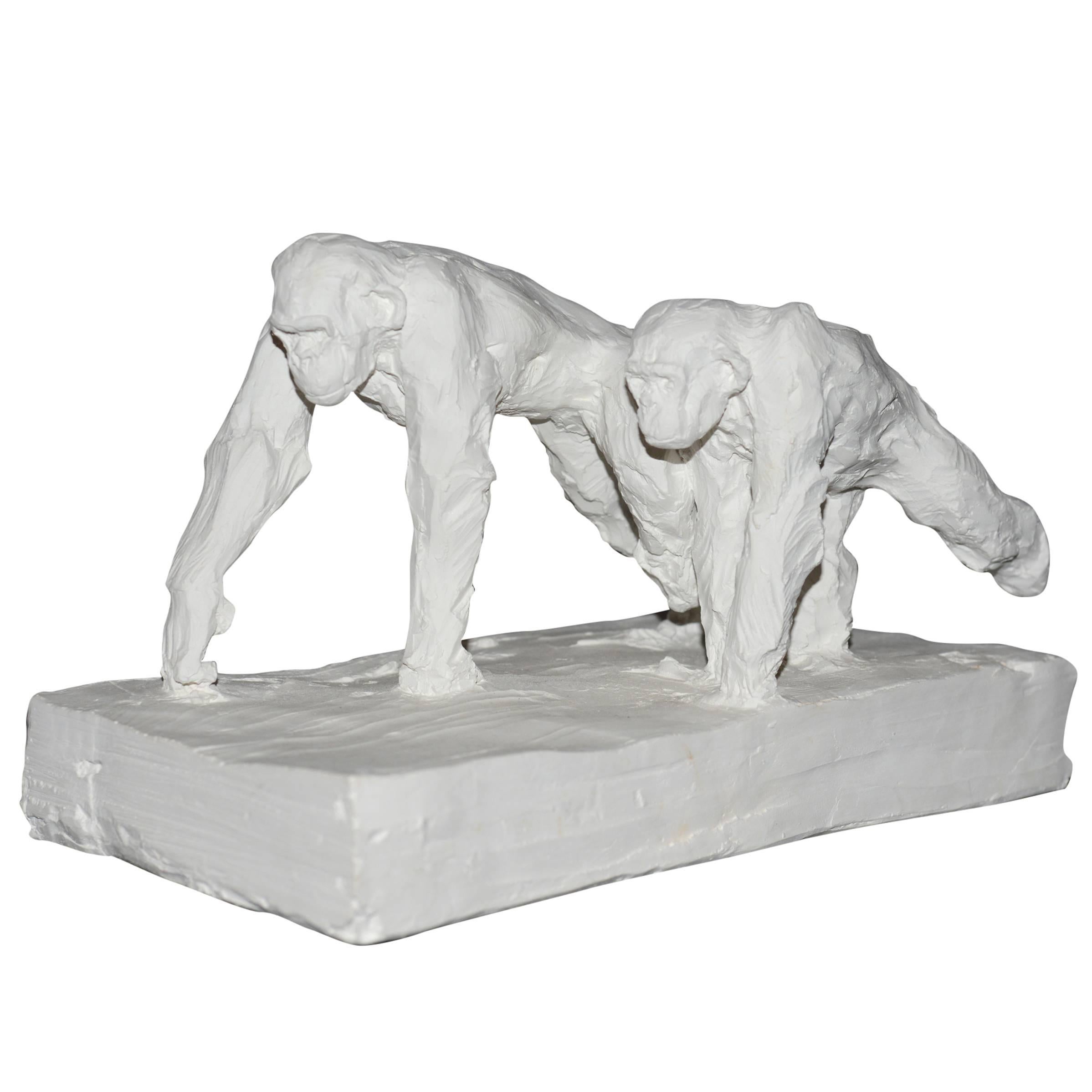 Sculpture Double Chimpanzee in Plaster Limited Edition 30/50 by J.B Vandame 2015