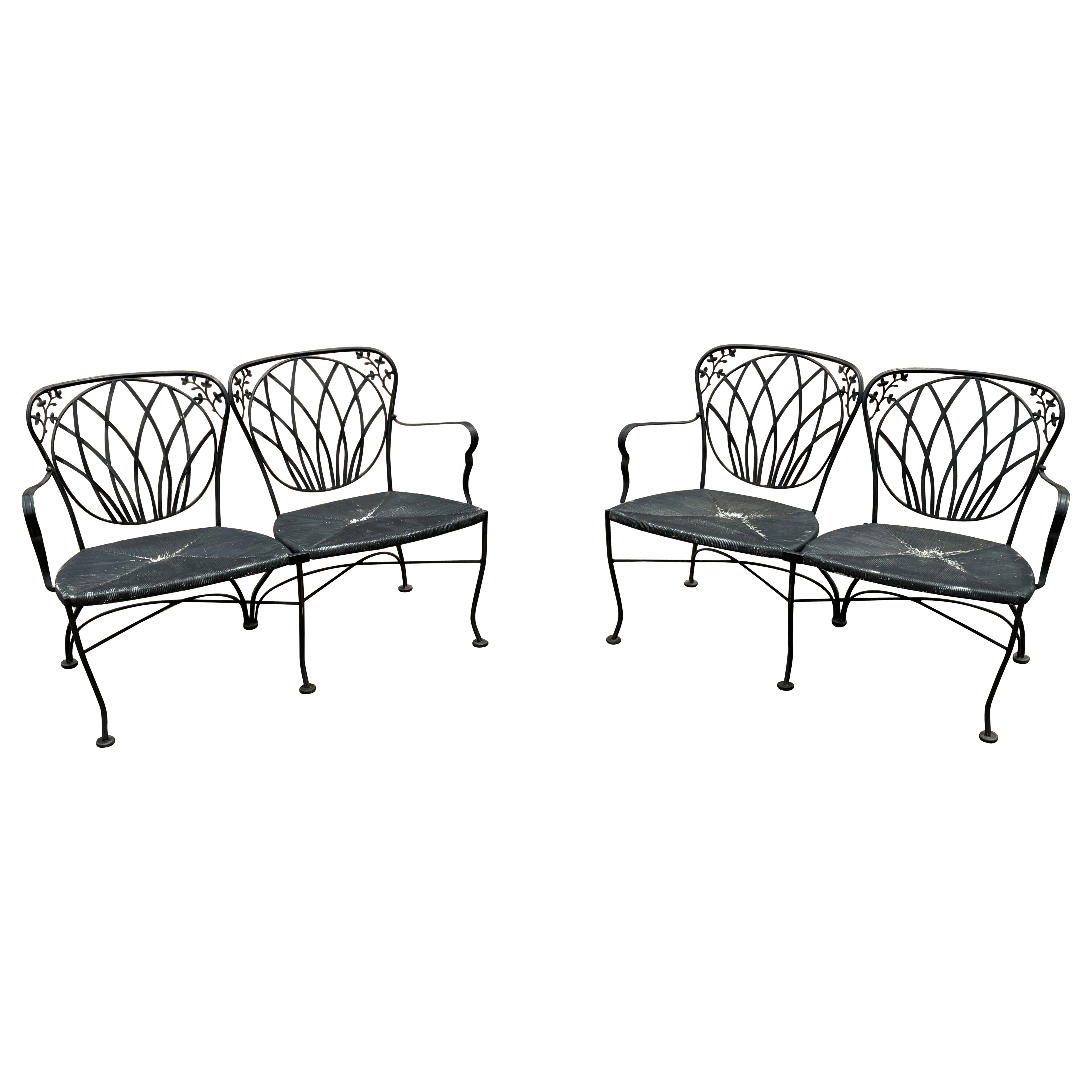 Pair of  1950s Black Wrought Iron Patio or Garden Settees with Faux Corded Seats