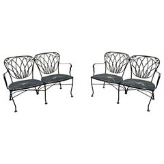 Pair of  1950s Black Wrought Iron Patio or Garden Settees with Faux Corded Seats